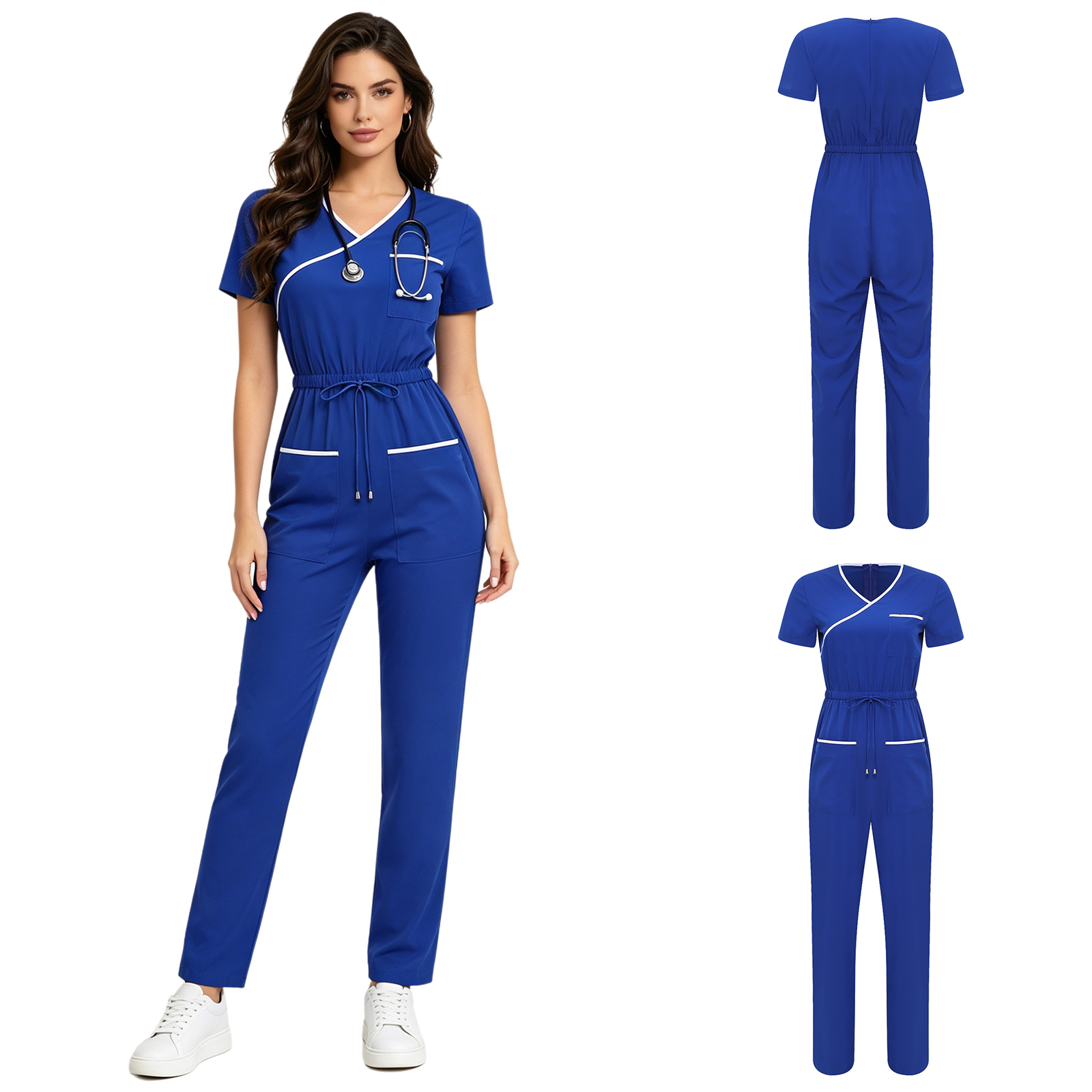 Women Scrubs Jumpsuit with Pockets Short Sleeve Drawstring Elastic Waist Long Pants Rompers Workwear for Nurse Doctor Medical