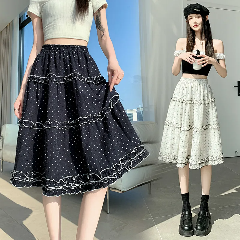 レディースポルカドットティアードスカート弾性ハイウエストフリル裾Aラインミディスカートカジュアル夏用