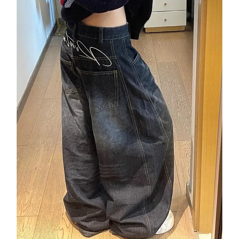 新しいレディースジーンズハイウエストヴィンテージデザインホップストレートだぶだぶのデニムパンツストリートY2kアメリカンスタイルワイドレッグデニムパンツ