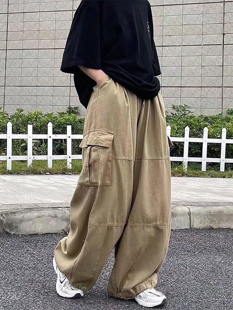 日本のヴィンテージだぶだぶのカーゴパンツ男性綿ワイドレッグオーバーサイズマルチポケット Y2k カジュアル長ズボンスポーツジョギングスウェットパンツ