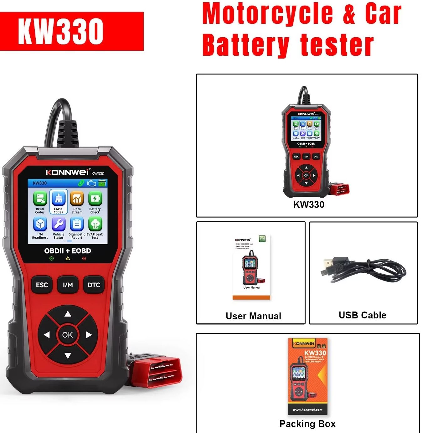 KONNWEI KW330 OBD2 スキャナーコードリーダーエンジン故障診断ツールすべての車両用カーバッテリーテストオルタネーターチェッカー