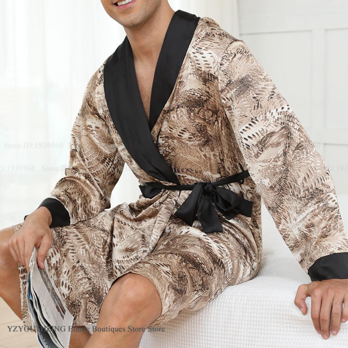 男性 Sleewpear 2 個ローブパジャマセットファッションヘビ柄ネグリジェ着物ガウンバスローブホーム服ルースサテンラウンジウェア