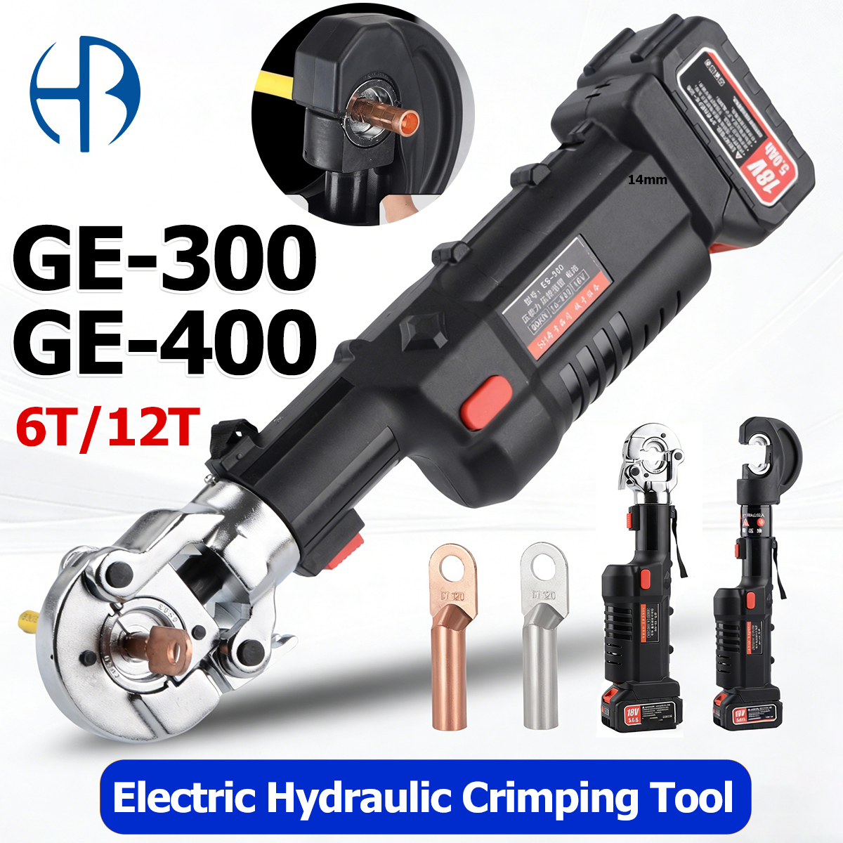 6T/12T 油圧圧着ペンチ 充電式電気圧着工具 13 ダイ付き 最大 400mm² 銅 300mm² アルミニウム端子用