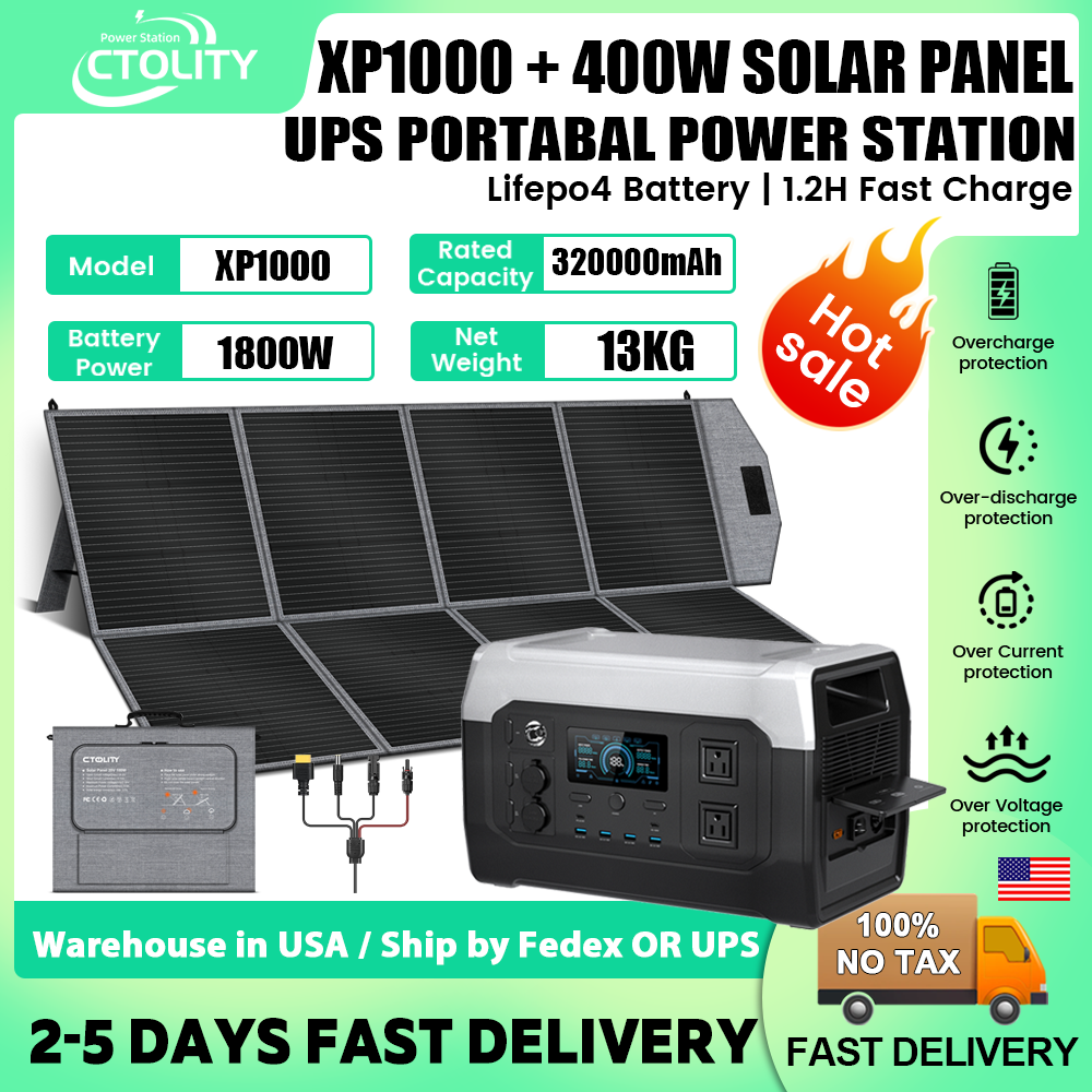 CTOLITY XP1000 UPS電源ステーション 1800W 1024Wh 320000mAh & SP400 400W折りたたみ式ソーラーパネル、LiFePO4屋外緊急電源