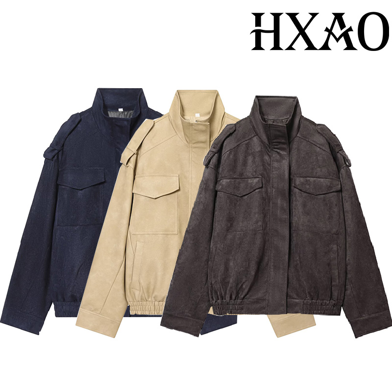 HXAO フェイクレザースエードジャケット長袖女性のクロップドボンバージャケット女性ストリートコージー新アウタープラスサイズコート