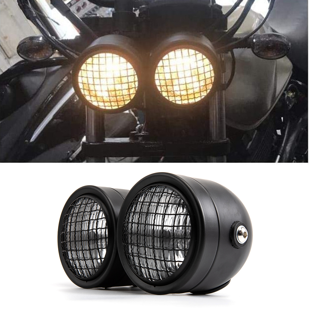 オートバイのヘッドライト LED デュアルヘッドライトハロゲン H4 電球 LED ライトグリルダブルヘッドランプユニバーサルオートバイフロントライト