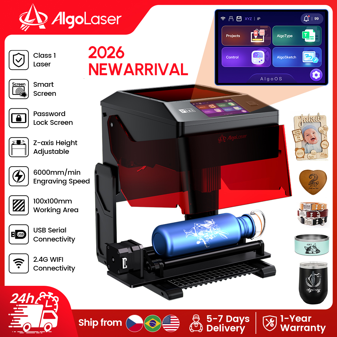 Algolaser PIXI ミニポータブルレーザー彫刻機 3.5 インチタッチスクリーン付き - メタルウッドアクリルレザーペーパー用彫刻機 3W/5