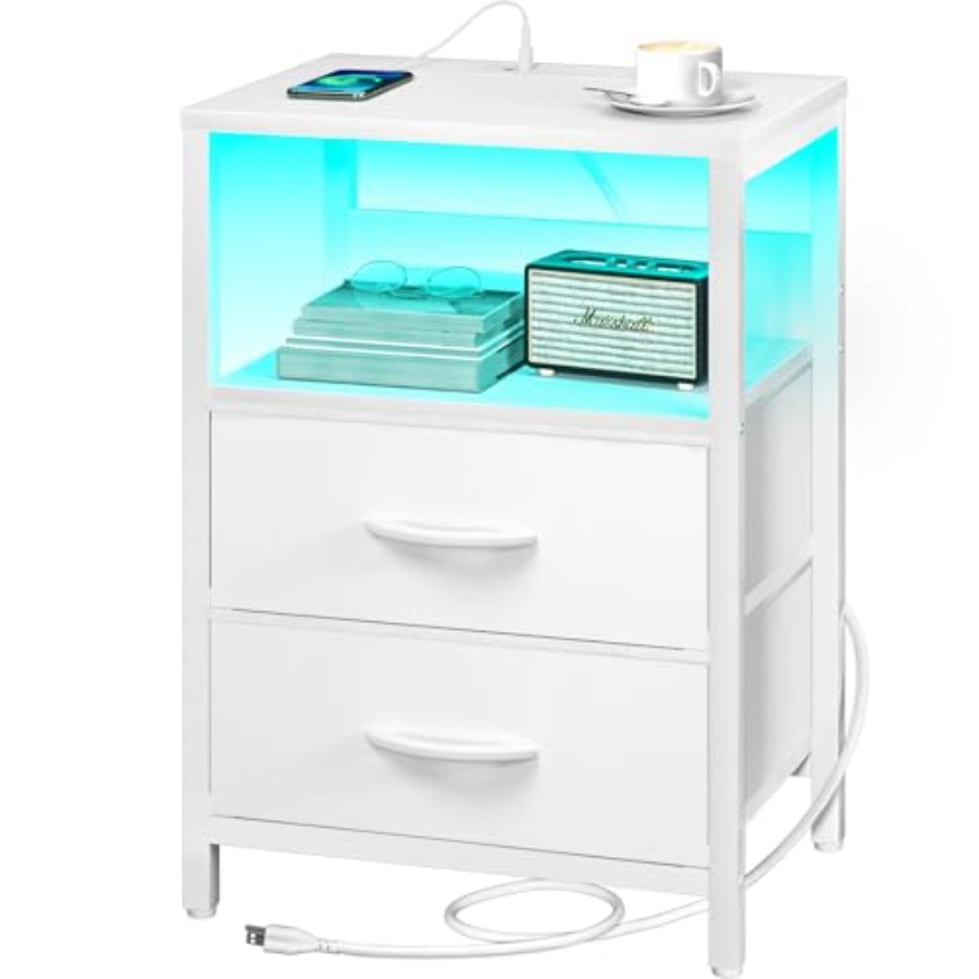 Nightstand with Charging Station, LED Night Stand with Fabric Drawers and Storage Shelf for Bedroom, Nightstands Bedside Tables