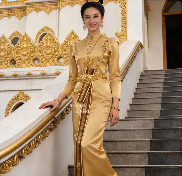 タイ服 レディース 長袖 スリットスカート 東南アジア風服 文学・芸術 レトロ 茶服