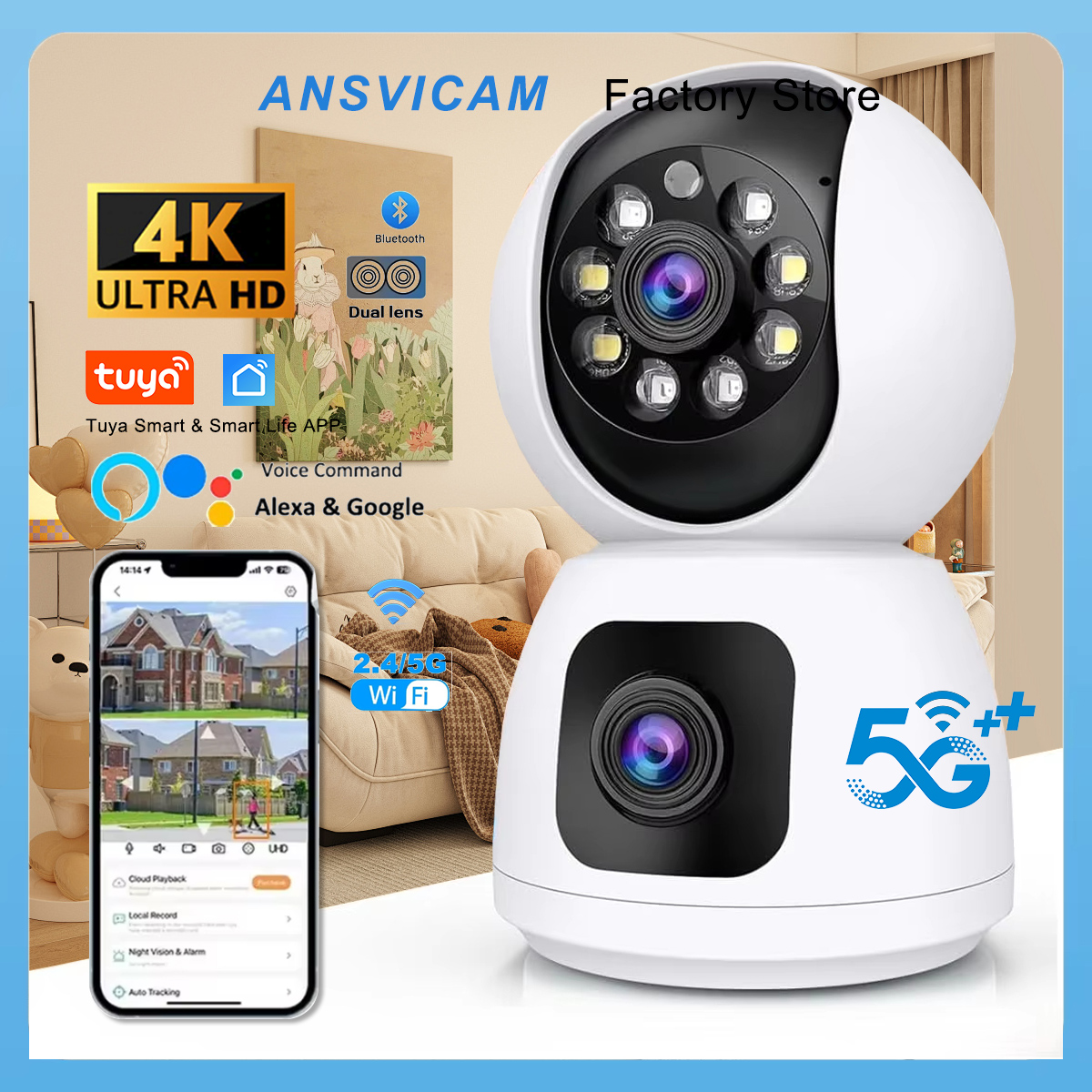 ANSVICAM Tuya スマート 4K 8MP デュアルレンズ PTZ セキュリティカメラ 5G WiFi デュアルスクリーン 屋内カメラ AI 自動追跡 カラーナイトビジョン