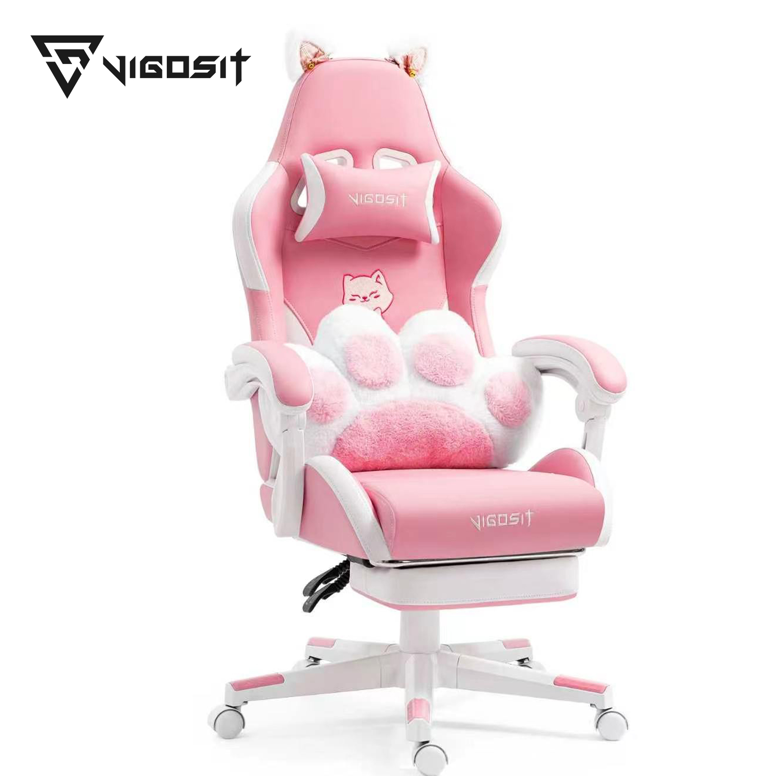 Vigosit ゲーミングチェア かわいい耳とかわいい枕 人間工学に基づいたコンピュータゲームチェア 女の子用 ランバーサポート付き