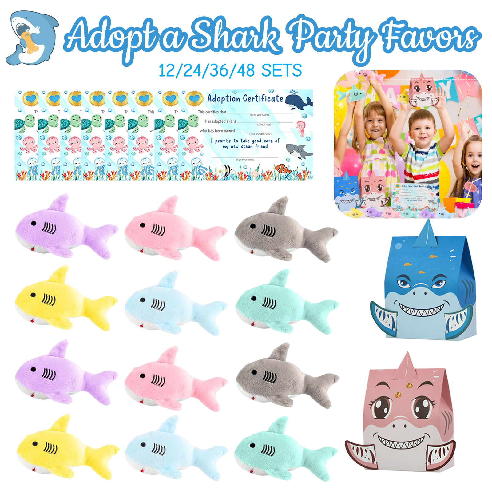 12-48 セット サメのぬいぐるみ ミニ サメ ぬいぐるみ キーチェーン 養子縁組カード ギフトボックス付き 赤ちゃんサメの養子縁組パーティーの記念品