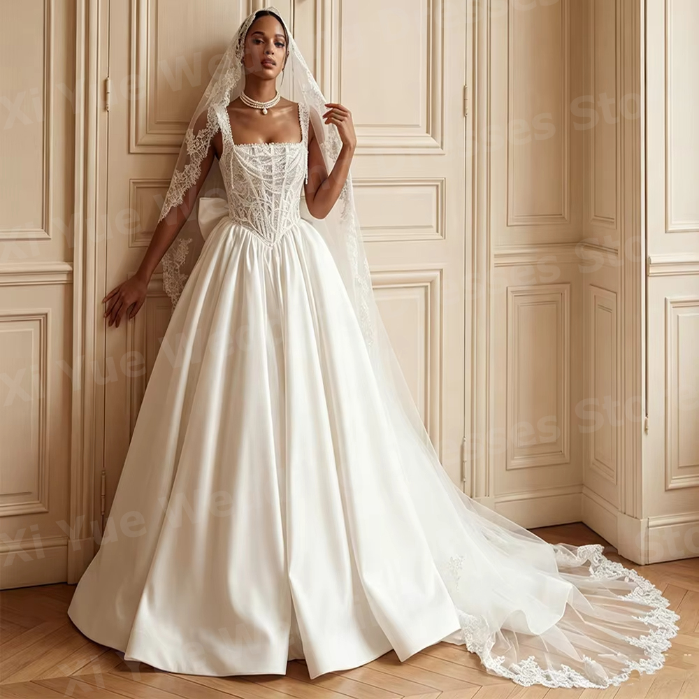 優雅な A ラインの女性のレースパールスパゲッティストラップサテンのウェディングドレス Vestido デノビア花嫁ドレスカスタマイズされたローブデマリー