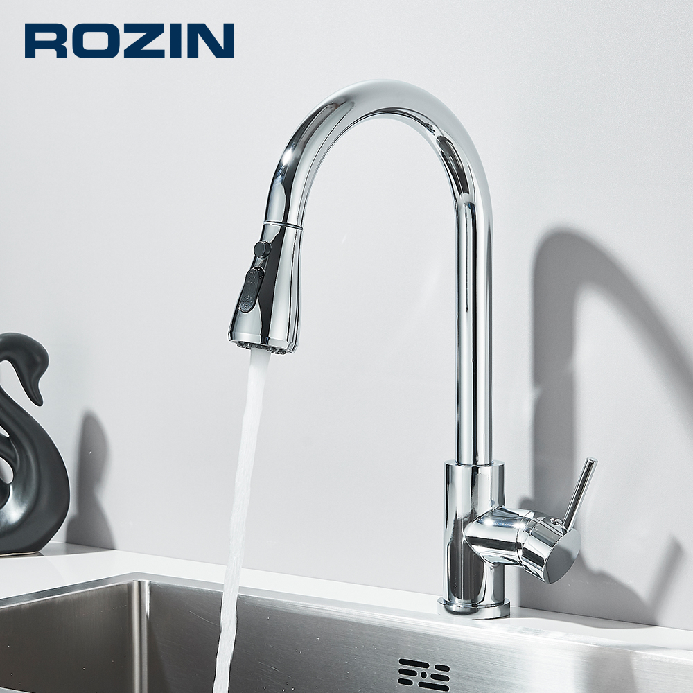 Rozin クロームキッチン蛇口デッキマウント引き出しスパウトキッチンシンクミキサータップシングルレベルストリームスプレーノズルミキサータップ