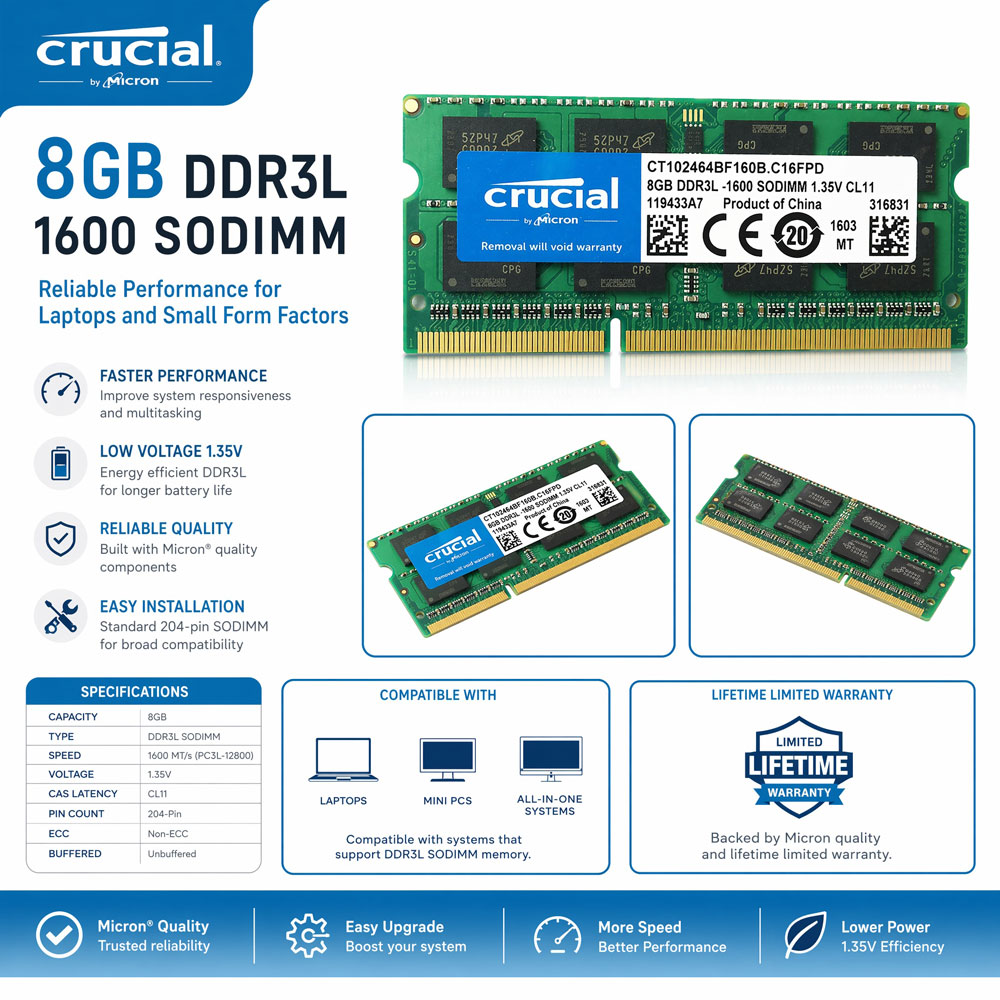 Crucial DDR3 DDR3L ノートパソコン用メモリ RAM 8GB 1600MHz 8GB 1866MHz PC3-12800 PC3L-12800 14900 ノートブック 1.5V/1.35V SODIMM Intel&AMD対応