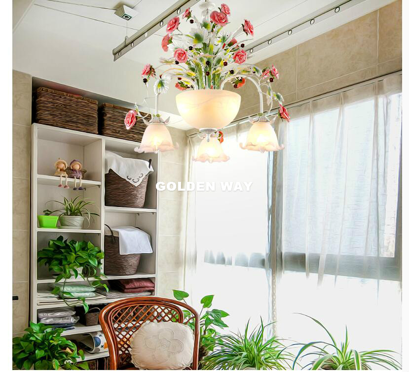 花シャンデリアランプ光沢 D50cm H58cm 5 個混合色ピンクセラミックデコラローズフラワー照明器具 E14 家の装飾