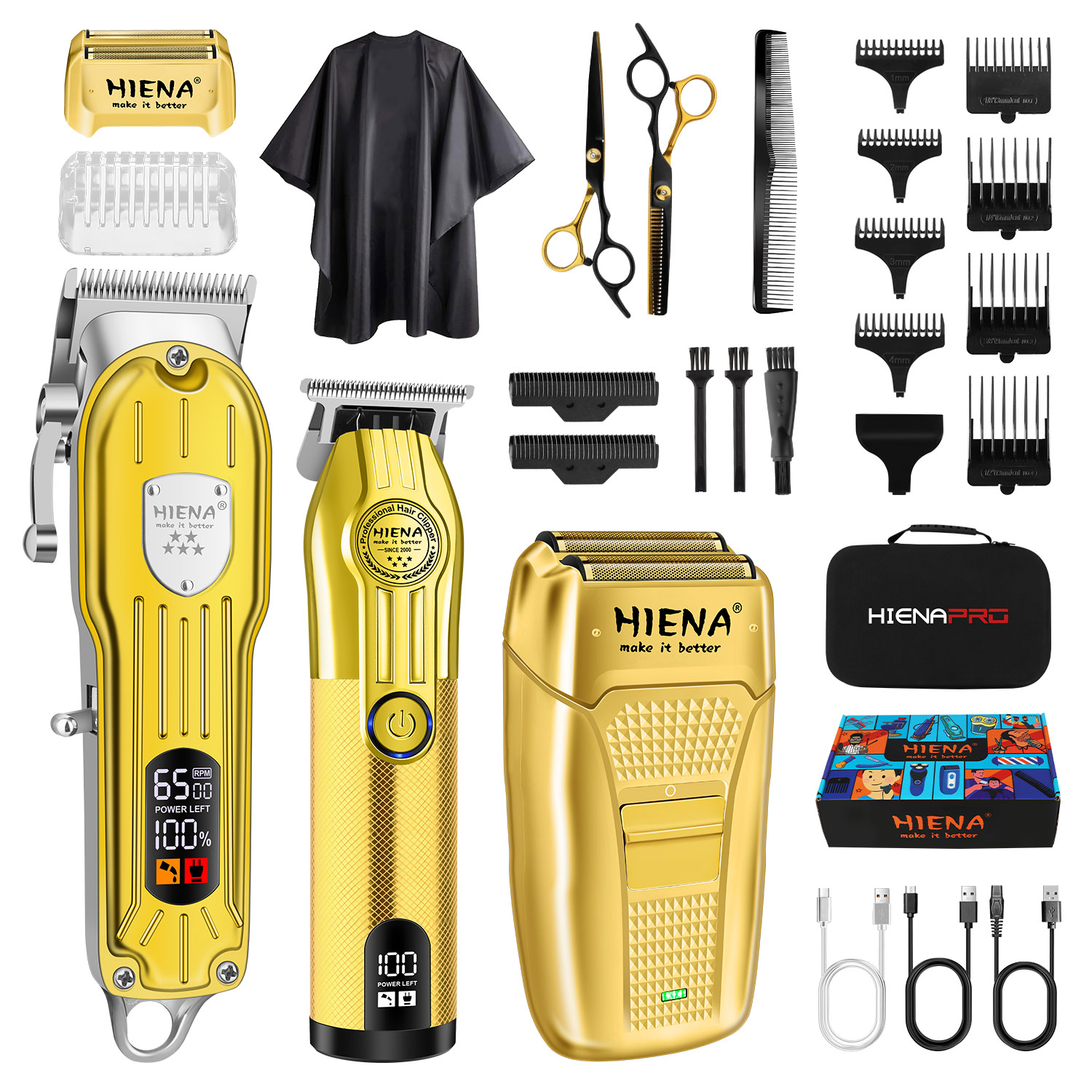 HINEA ヘアカット機バリカンプロフェッショナル充電式 USB バリカンセットディスプレイ付き (ゴールド) 男性用美容ツール