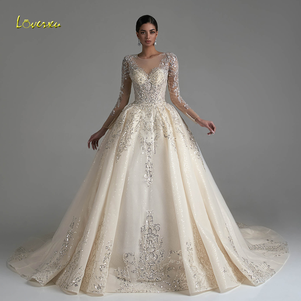 Loverxu ボールガウン高級ウェディングドレス O ネック長袖 Vestido デノビアレースビーズグラマラスカスタムメイドのブライダルドレス