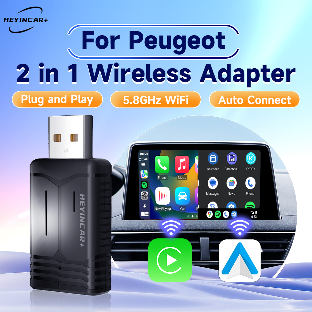 2026 新 HEYINCAR 2in1 ワイヤレス Android 自動アダプタ Carplay ワイヤレスプジョー 208 308 408 508 2008 3008 4008 5008