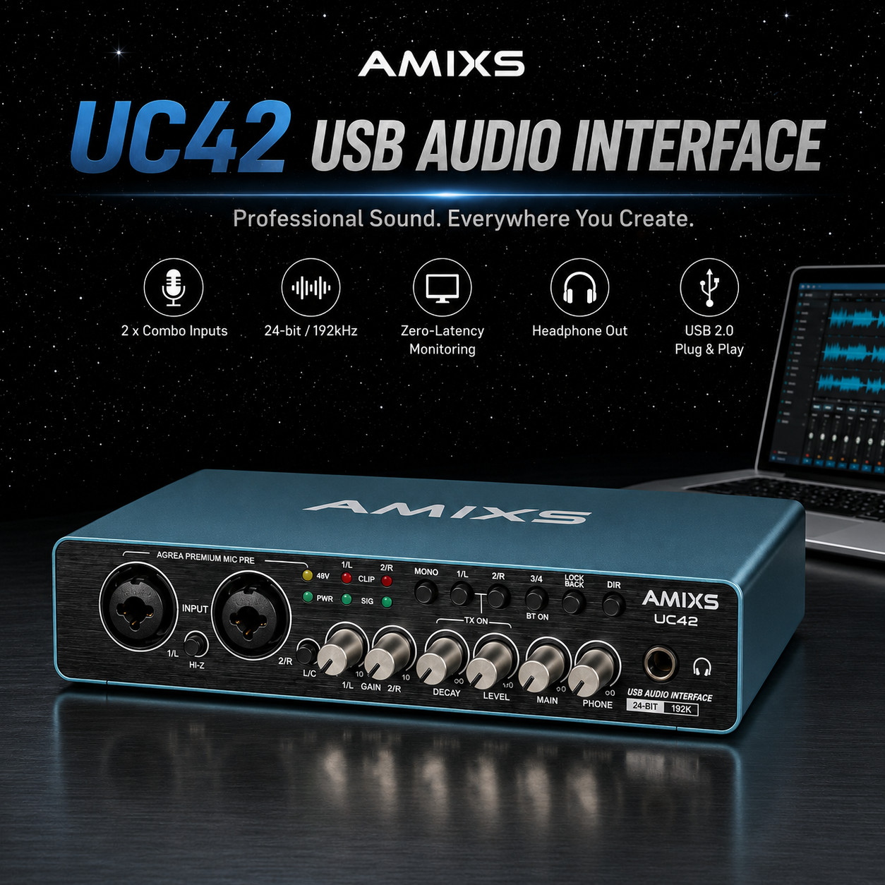 AMIXS UC42 オーディオインターフェイス録音用コンピュータフリードライブ USB 外部サウンドカード PC オーディオ機器プロフェッショナルビデオ