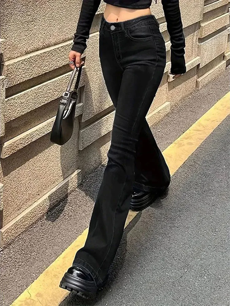 2025 女性のシックなハイウエストフレアジーンズ女性の新しいスリムフィットブーツカット安いデニムパンツファッション純粋な黒のベルボトムズボン