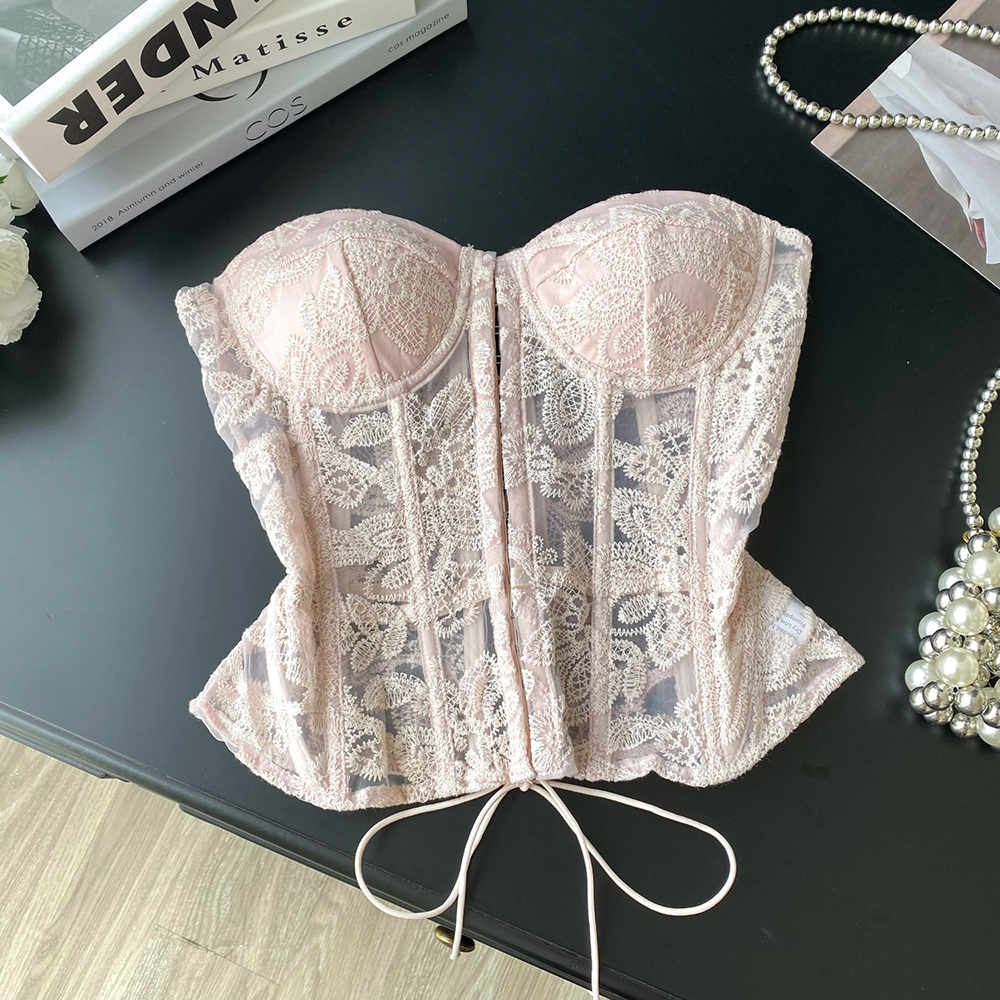 花刺繍セクシークラブコルセットトップ女性ストラップレススリムコルセット背中の開いたタンクトップフレンチレースアップ基本薄手のキャミソール