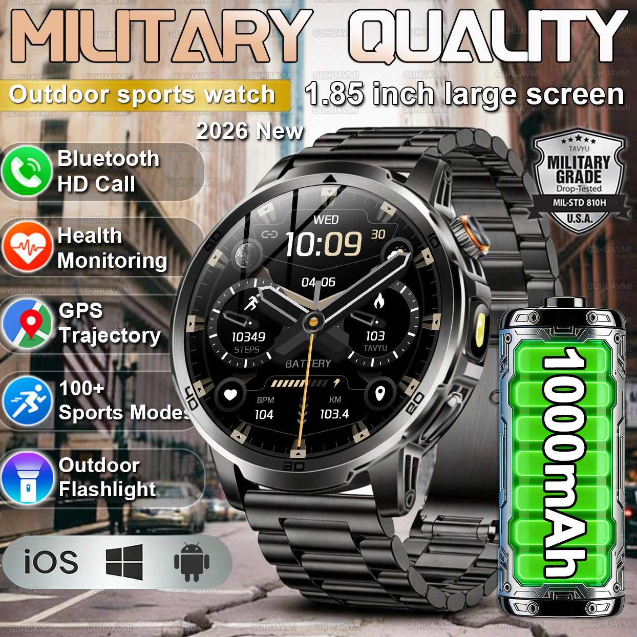 2026 新しい軍事屋外スマート腕時計 1.85 インチ AMOLED 1000mAh 大型バッテリー 10ATM 防水通話スポーツ男性フィットネスブレスレット