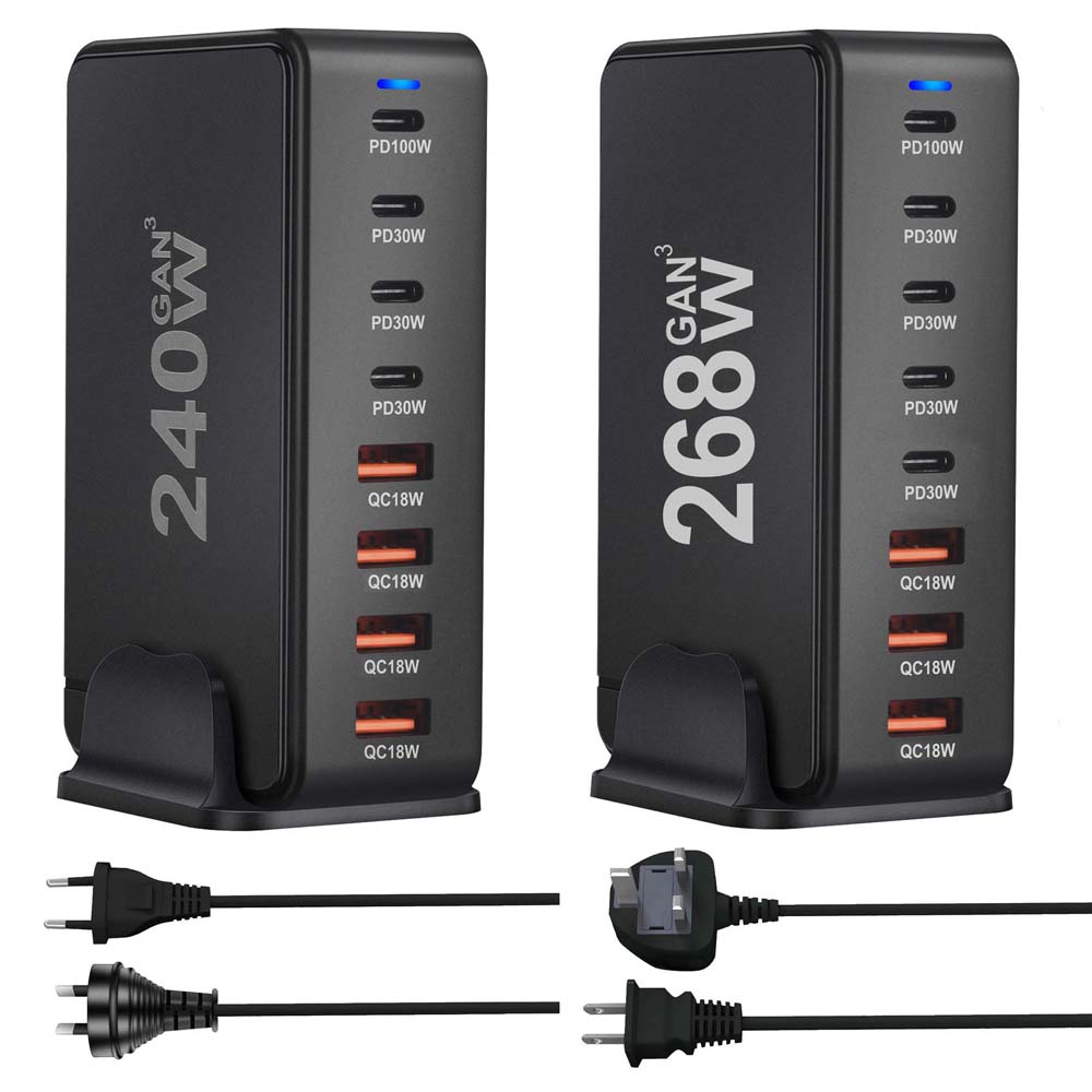 268 ワット 240 ワットデスクトップ GaN クイック PD 充電器 8 ポート USB タイプ C 米国 EU AUS 英国プラグアダプタ携帯電話ラップトップ PC 充電ドックスタンド