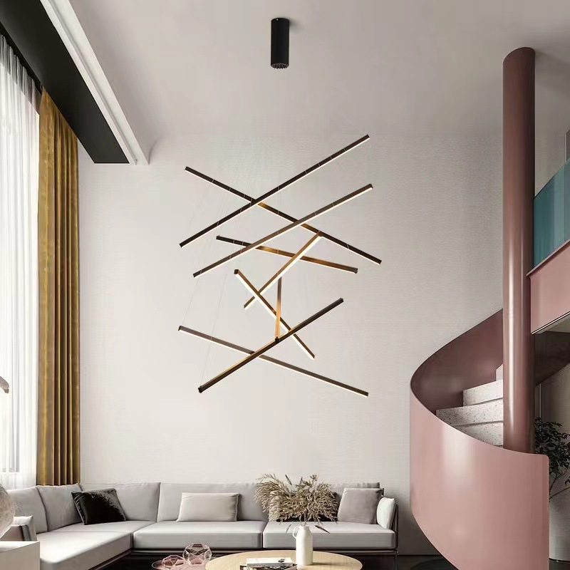 Staircase Linear Chandelier Modern Black Minimalist Hall hanging lamp Duplex Building Hotel Villa Stair Luster Lights Fixture