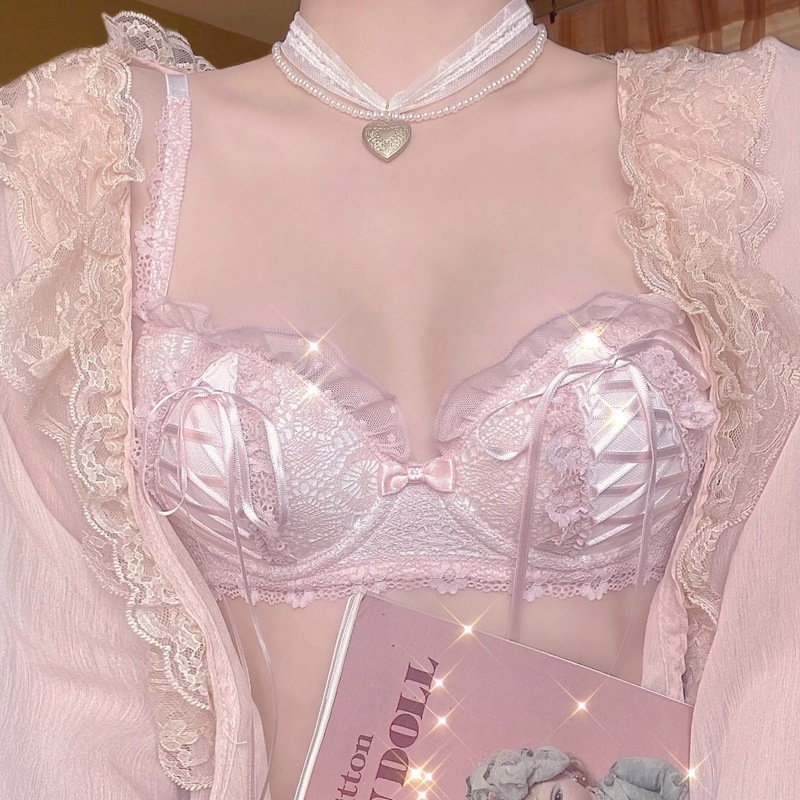 プッシュアップランジェリーブラジャーとパンティセットブラジャーパンティー下着レースアップ快適な通気性ブリーフセットロリータガール甘い親密な
