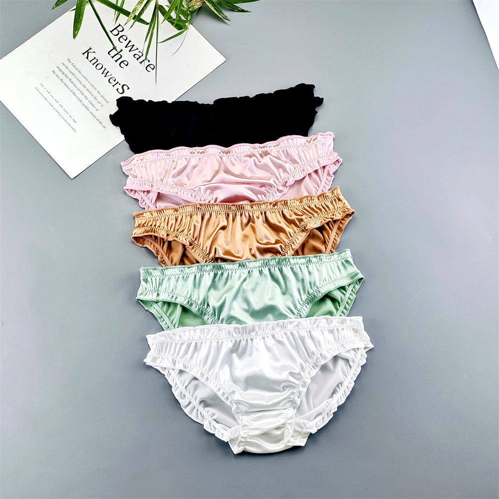 5 ピース/セットフリル女性のパンティーセクシーなランジェリービッグサイズ滑らかな真珠光沢のあるシルクサテンブリーフソフト居心地の良いパンツプラスサイズ