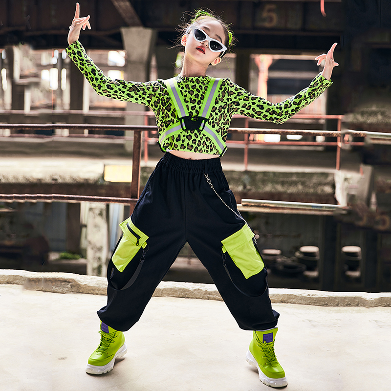 子供ストリートダンスヒップホップの服女の子グリーンヒョウトップス反射ベストヒップホップパンツジャズパフォーマンスステージ衣装 BL7306