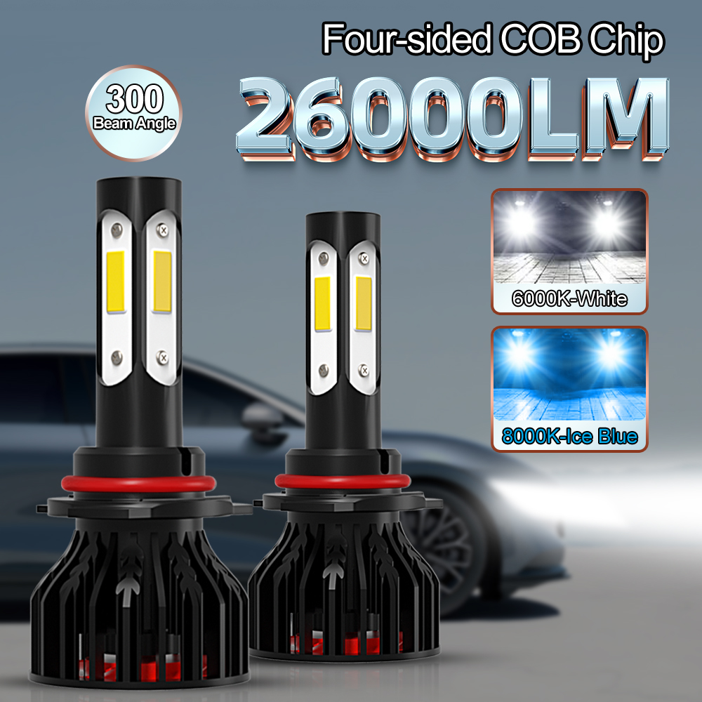 2 個新 4 サイド 9005/HB3 9006/HB4 H4 H7 H11 H13 9004 9007 車 LED 電球 6000K ホワイト 8000K アイスブルー 26000LM 360 ビーム角