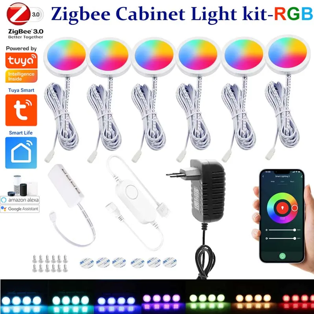 DC12V Tuya Zigbee LED ラウンドアンダーキャビネットライトキット RGB 色変更調光キッチン棚用、音声制御 Google Alexa Echo