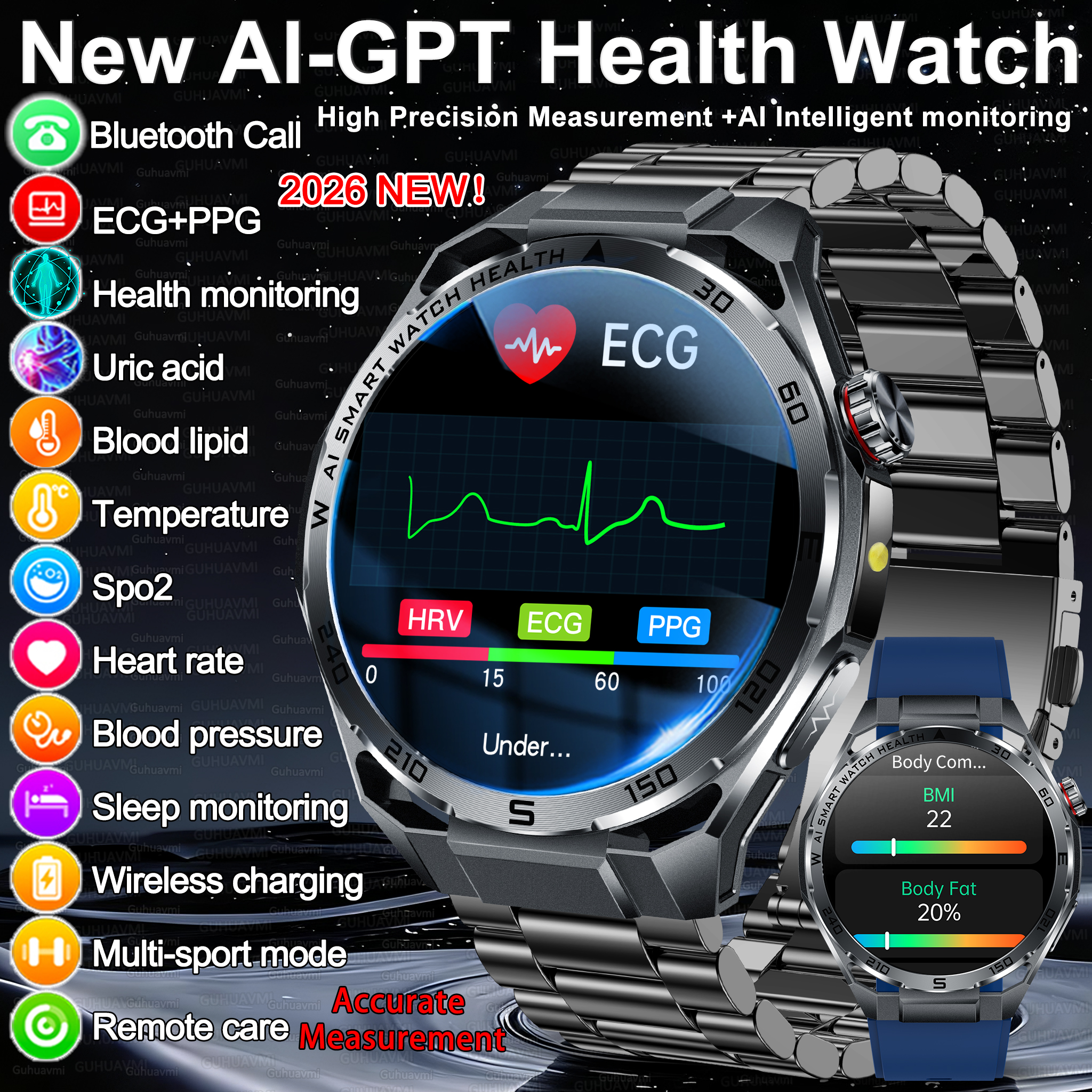 2026 新 ECG PPG 体脂肪分析健康スマートウォッチ尿酸 BP 血中酸素 Bluetooth 通話スポーツスマートウォッチ男性女性のための