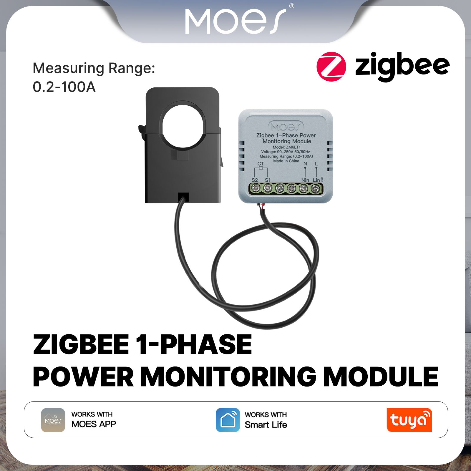MOES Tuya Zigbee スマート 1 相エネルギーパワーメーター 100A APP 監視モジュール双方向変流器センサークランプ付き