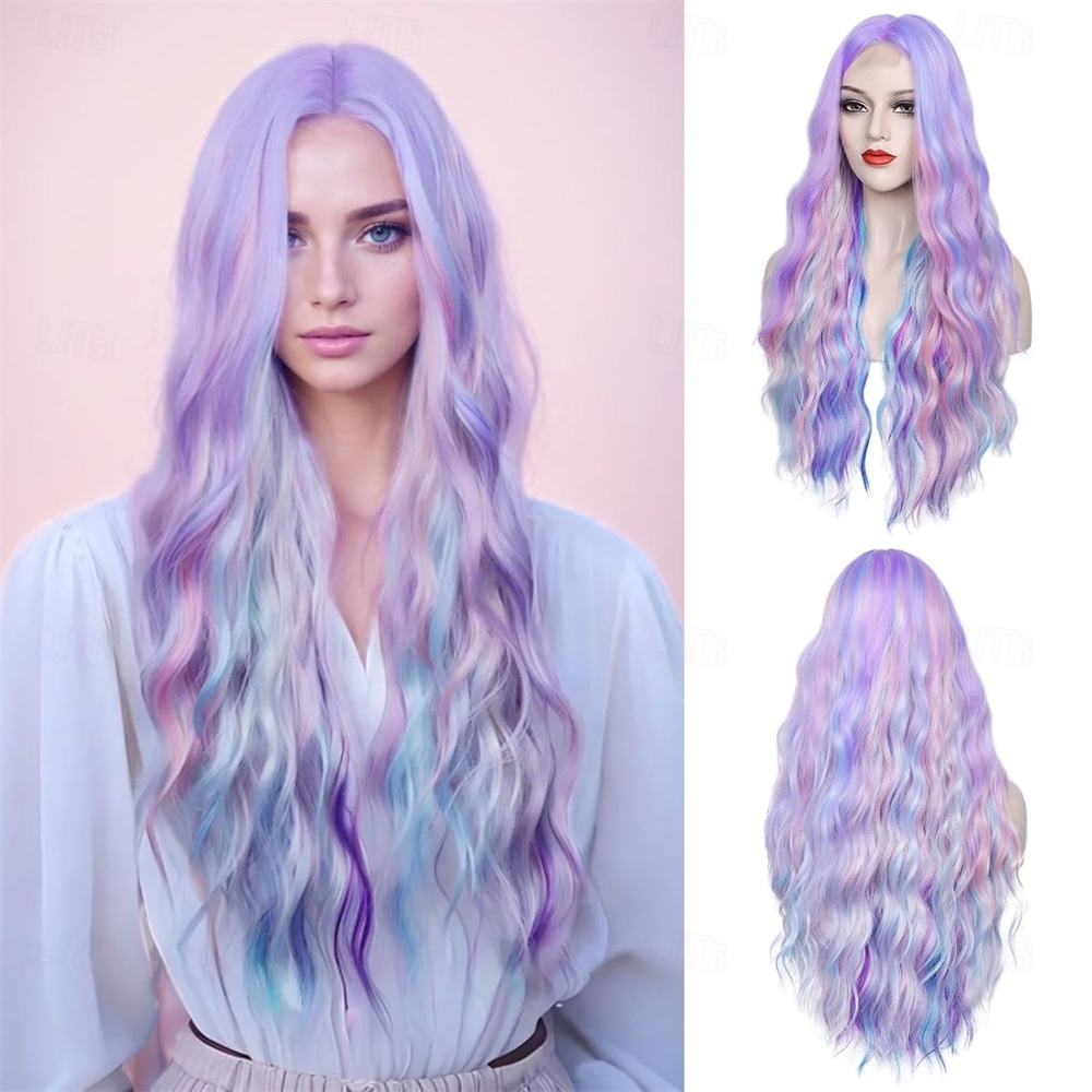 HAIRJOY カーニバルかつらピンク、ブルー、パープルカーリー波状人工毛ロングマルディグラパレードコスプレ衣装フェスティバルウィッグ女性のための