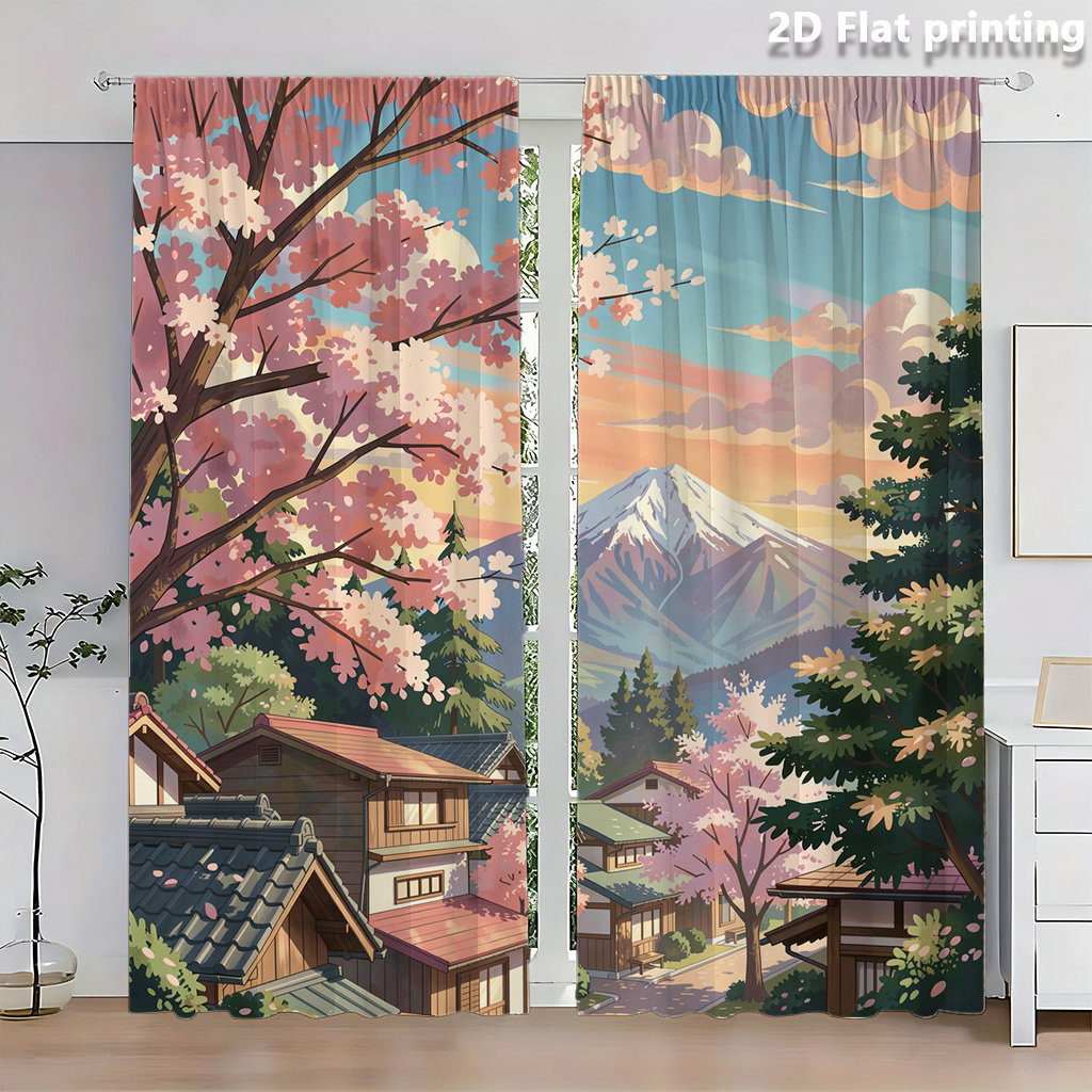 アニメスタイル風景カーテン、日本の風景プリントドレープ、富士山サクラビレッジウィンドウトリートメント、リビングルーム、ベッドルーム用
