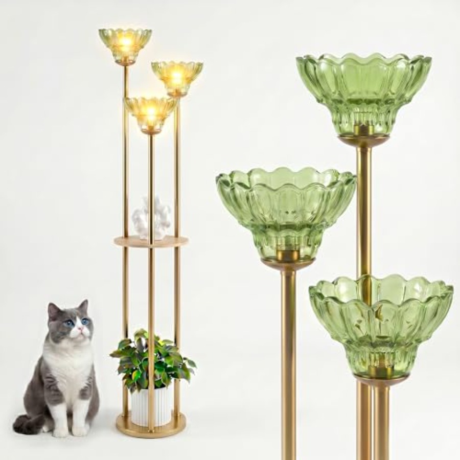 Modern Gold Floor Lamp with 3 Crystal Shades and Shelves 3-Light Standing Lamp with Feet Switch for Living Room Bedroom Study O