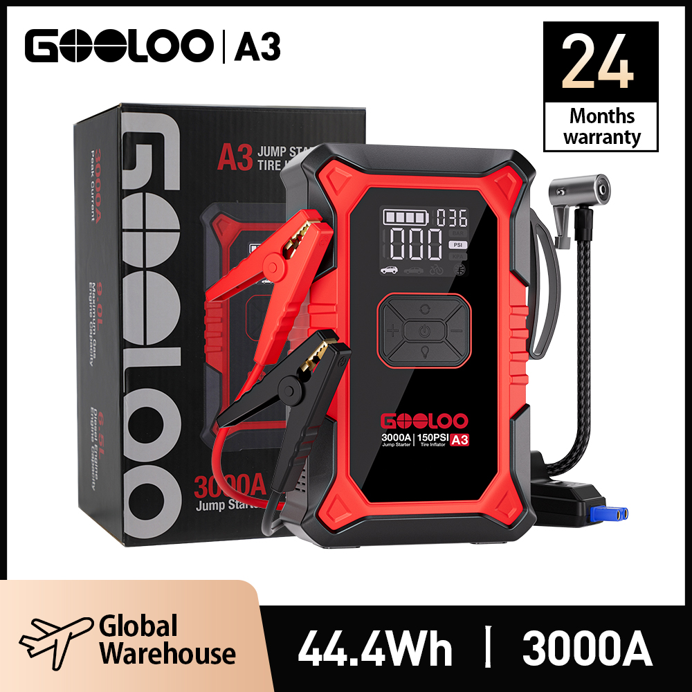 GOOLOO A3 ジャンプスターター エアコンプレッサー付き 3000A ポータブルカーバッテリーブースター (9.0 ガス/6.5L ディーゼル) 150PSI 自動シャットオフ Ti 付き