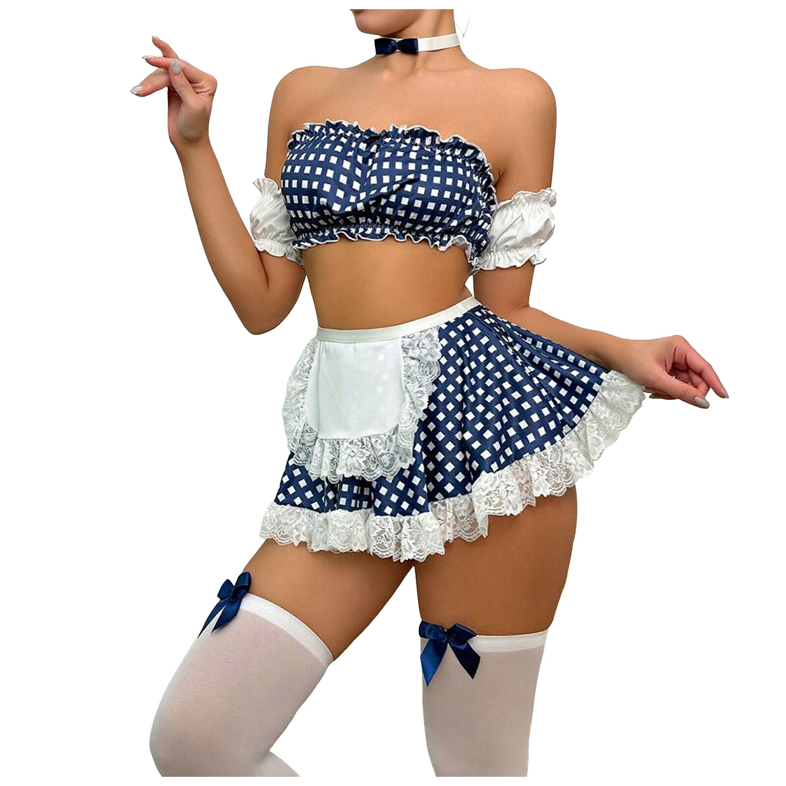 セクシーなメイドグリッドプリントレーススカートランジェリーセット大人の制服コスプレ背中の開いたチューブトップポーチスカートセットエレガントなナイトクラブが着ています