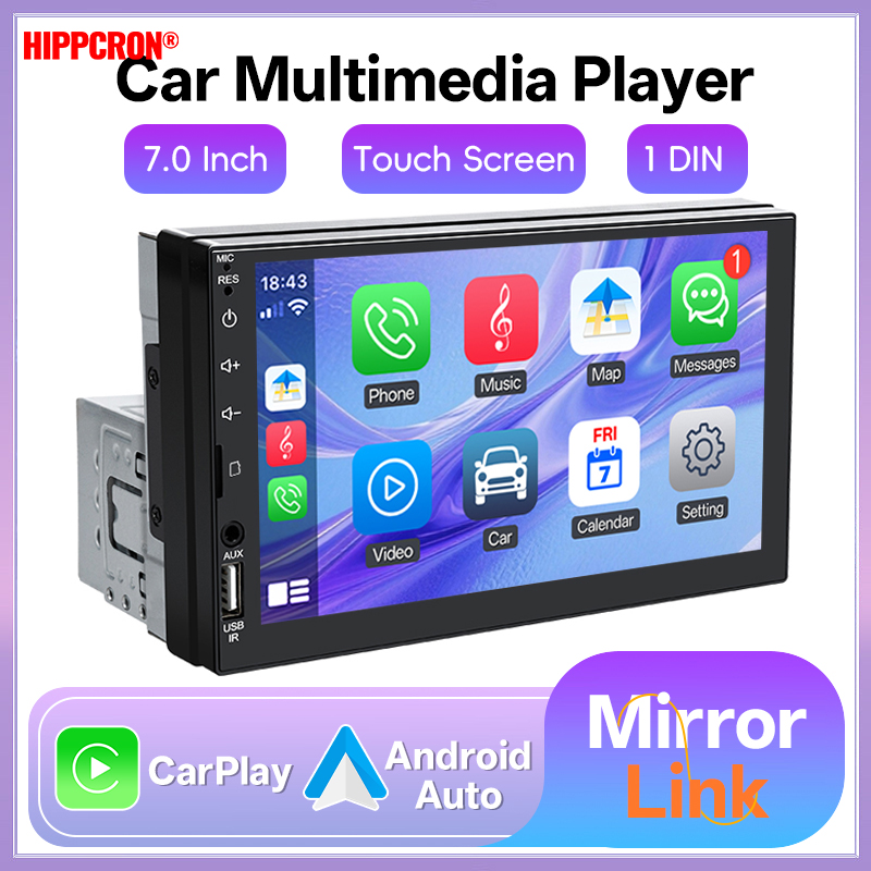 Hippcron 7 インチ 1 Din カーラジオ HD タッチスクリーンマルチメディアプレーヤー Carplay Android 自動ユニバーサル Bluetooth ミラーリンク FM Aux