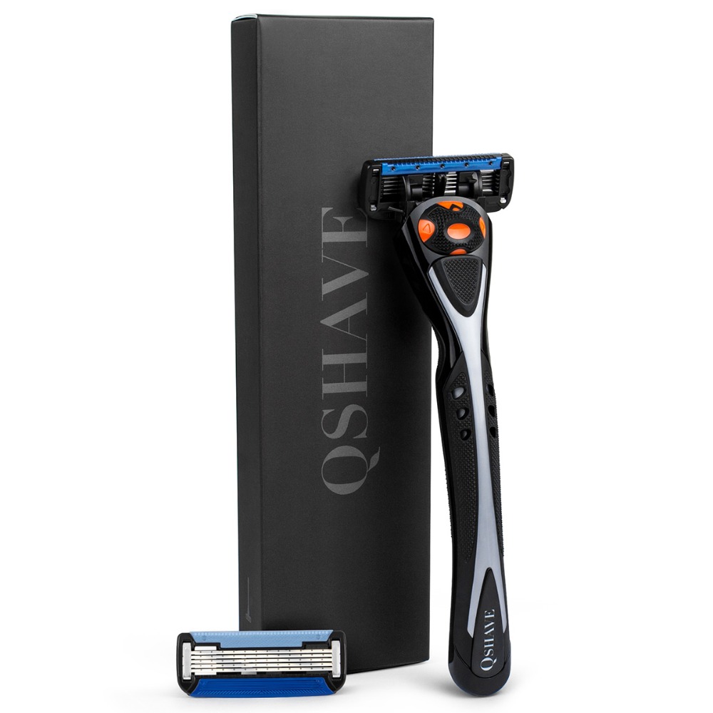 Qshave ブラック スパイダー マニュアル マンシェーブ カミソリ トリマー付き (ハンドル 1 個、X6 ブレード 1 個)