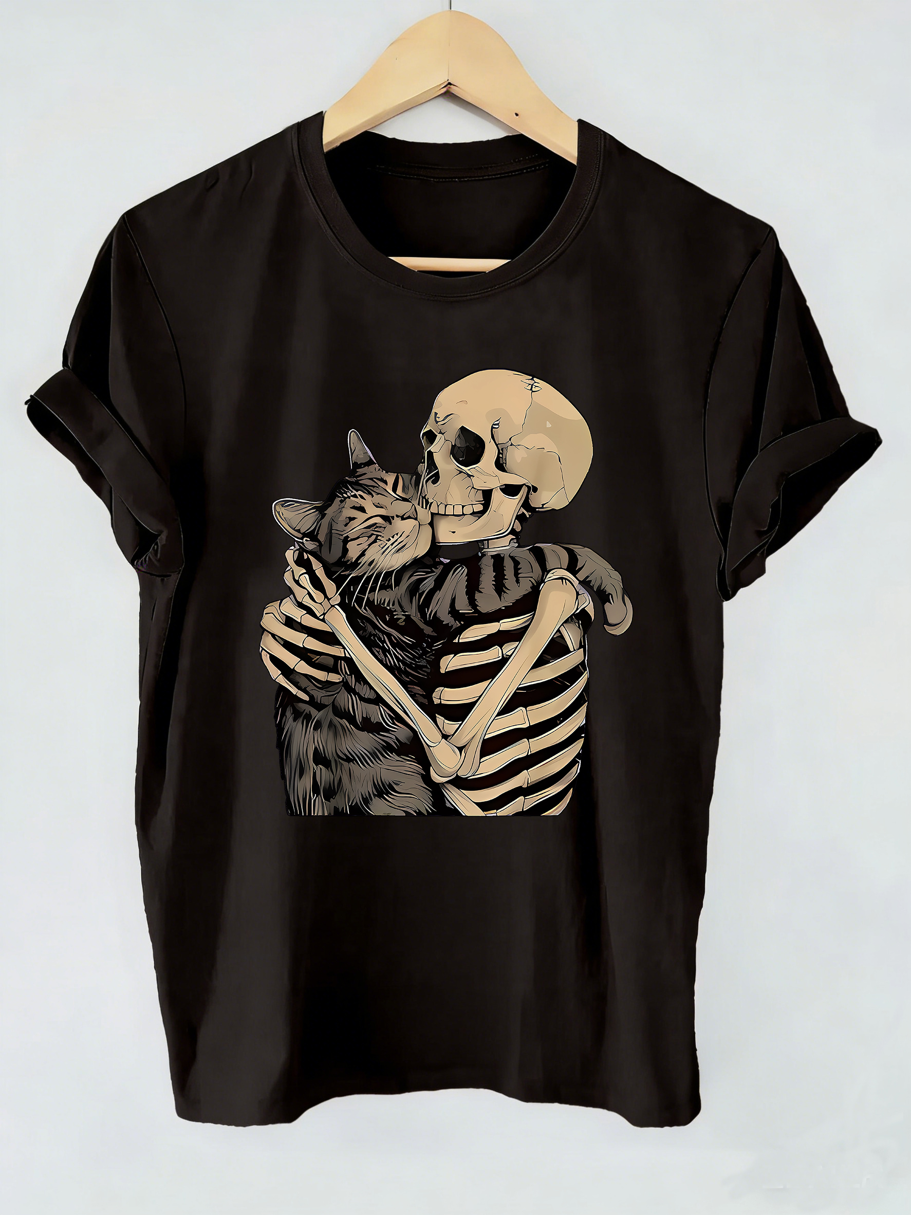ヴィンテージ高品質レトロスカル猫面白い Tシャツ男性女性 Tシャツラウンドネック半袖 Tシャツかわいい