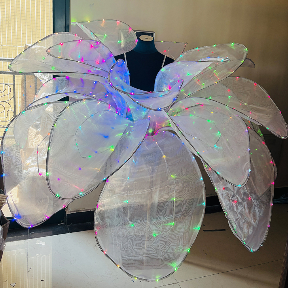 Full-Color LED Petal Skirt Dance Costume Silver-White Adult Long Floral Skirt for Opening Performance