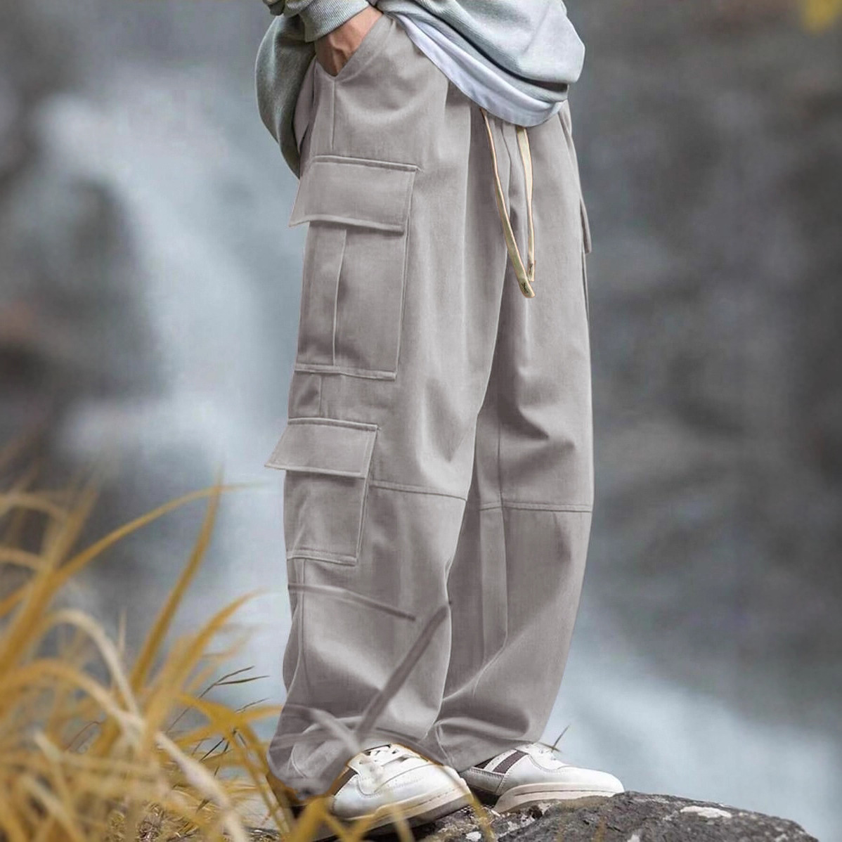 Men Straight Leg Cargo Pants Spliced Design Multi Pockets Functional Loose Long Trousers Outdoor Casual Streetwear Bottoms