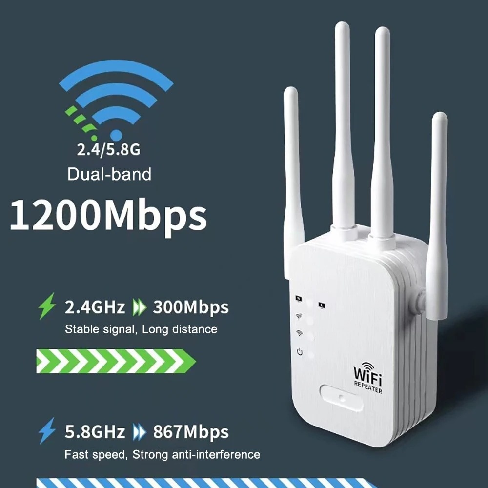 300M/1200Mbps WiFi リピーター ワイヤレス WIFI Extende WiFi ブースター 2.4G/5G デュアルバンドネットワークアンプ長距離信号 WiFi ルーター