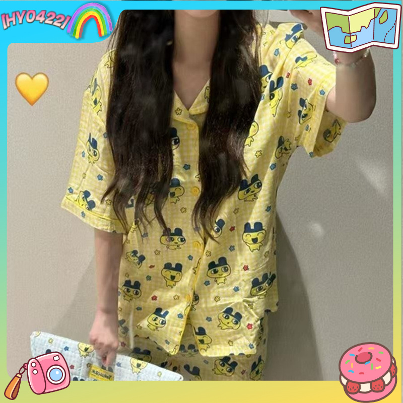 女性の綿パジャマセットまめいじ夏ブルーチェック柄かわいいたまごち漫画半袖ショーツ夏薄いソフト部屋着