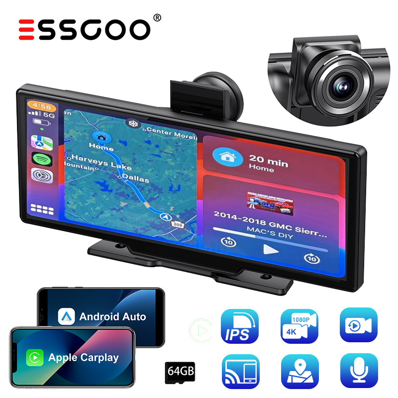 ESSGOO 10.26 "4K 64G ポータブルタッチスクリーンワイヤレス Bluetooth ステレオ CarPlay Android オートカードデュアルレンズカーダッシュカム FM AUX WIFI