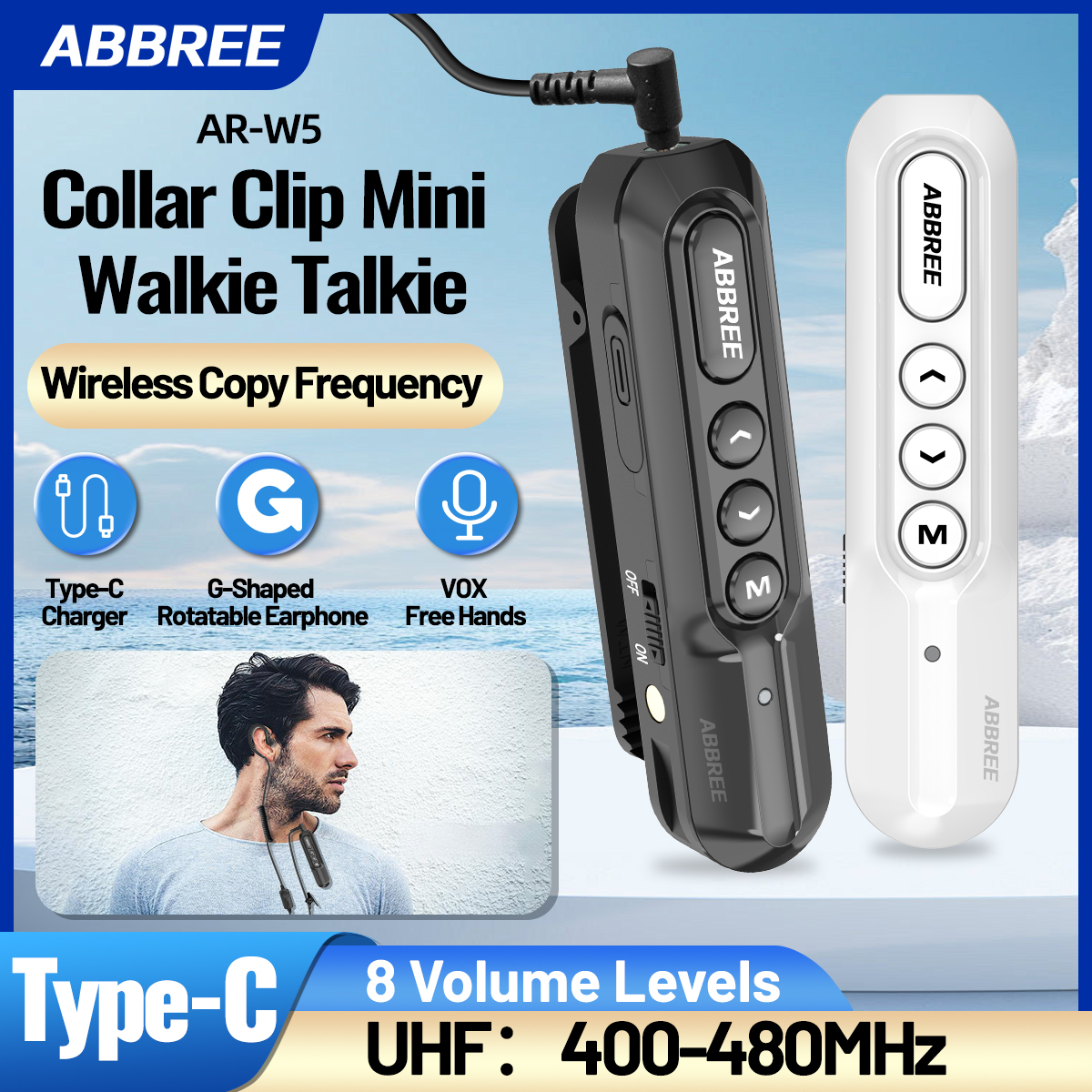 ABBREE AR-W5 首輪クリップミニトランシーバーワイヤレスコピー周波数 8 ボリューム調整 20CH Type-C 充電器 UHF ハンズフリーラジオ